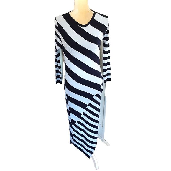 NWT Bar III blue striped ribbed bias sweater dress midi rayon sz L fitted - Picture 1 of 4